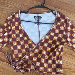 Big Bud Press Brown and White Checkered Wrap Crop Top NWOT